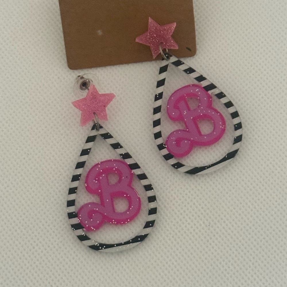 Glitter Acrylic Barbie B Earrings – Pink Star & Striped Teardrop Dangle – NWT